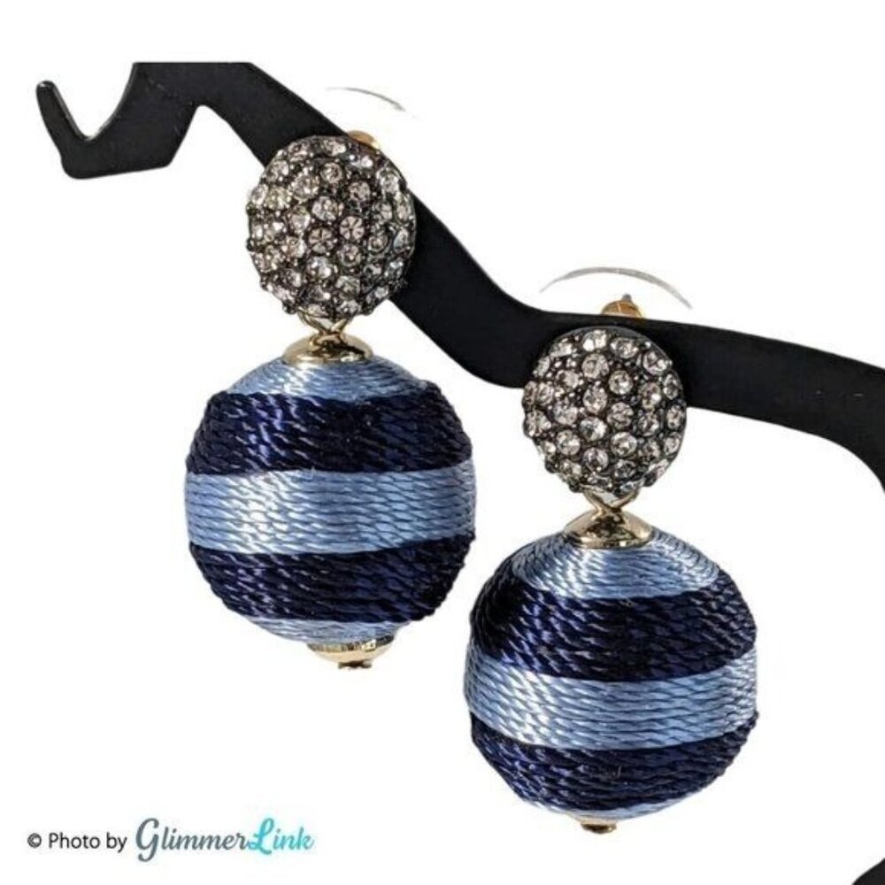Blue Striped Thread Wrapped Ball Bead Bon Bon Dangle Earrings With Pave Studs